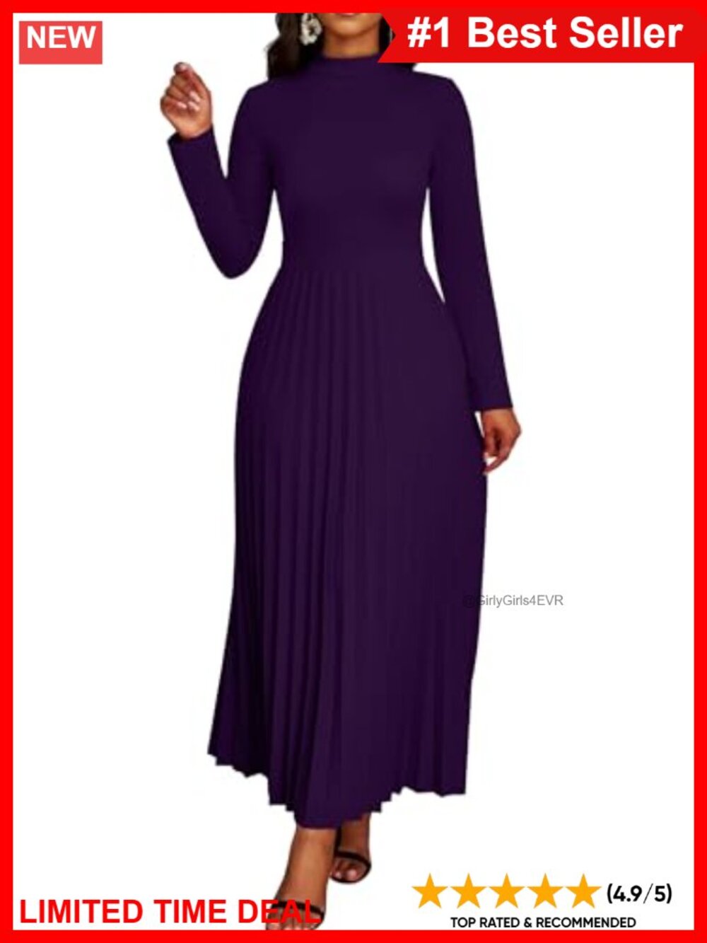 Maxi Long Sleeve Dress Pleated Empire Waist Round Neck A-Line Casual Church